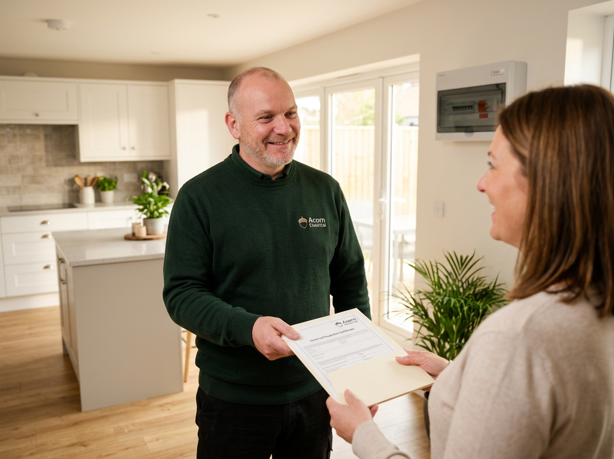 Phillip from Acorn Electrical handing an electrical inspection certificate to a homeowner
