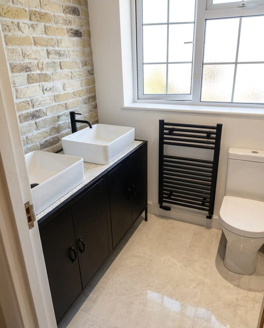 Family bathroom with black vanity unit, twin basins and black towel radiator