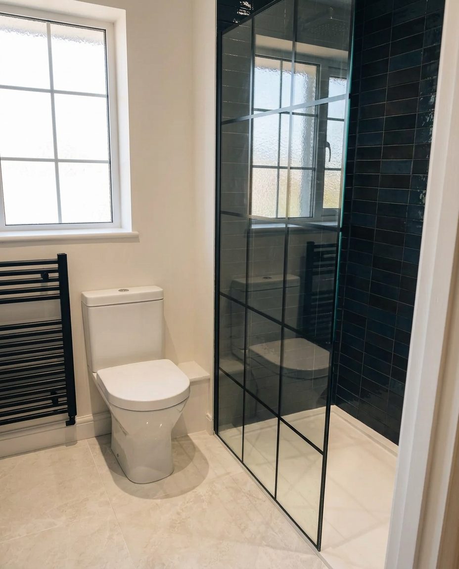 Bathroom with crittall-style shower screen, dark tiling and back-to-wall WC
